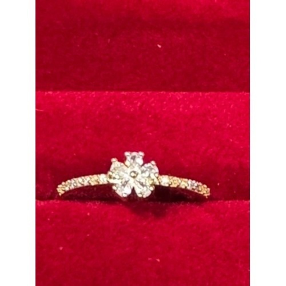 Gold Tone Floral Flower Clear Stone Pavé Band Ring Size 6.5 with Red Gift Box